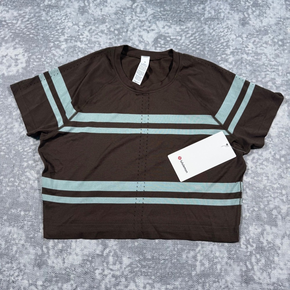 Lululemon Swiftly Tech Cropped Tee 2.0 Womens 10 Brown Blue Striped Athletic Top